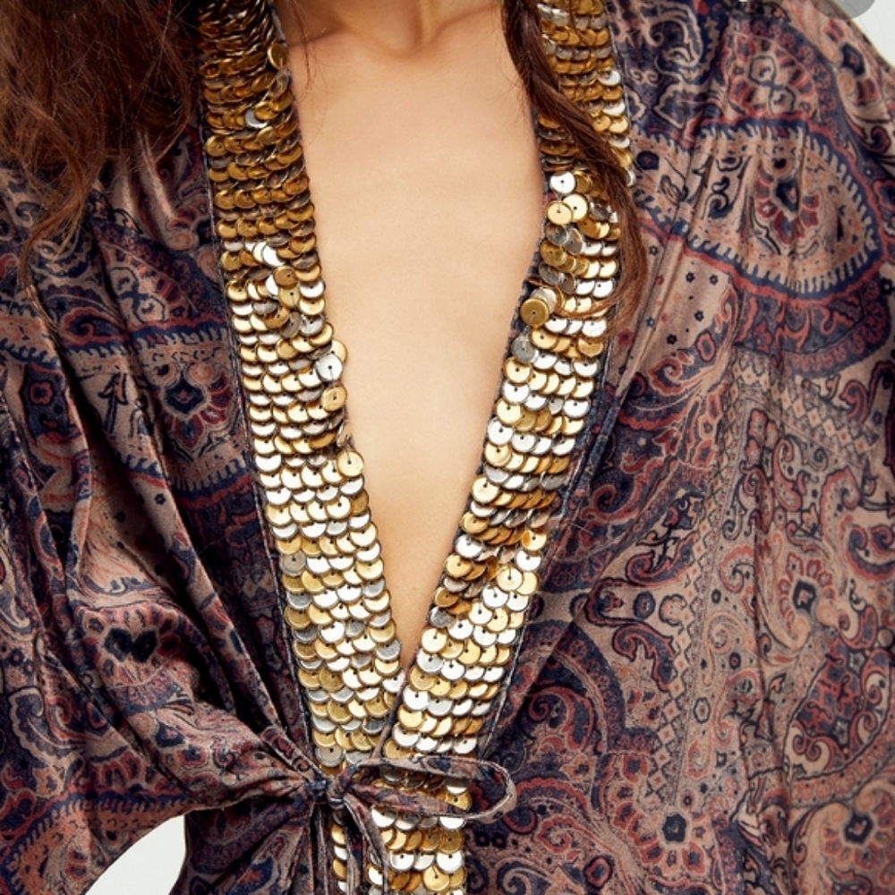 NWT🌹 Free People Layla Gold Embellished Velvet Silky Wrap Kimono Jacket, XS - Picture 9 of 12